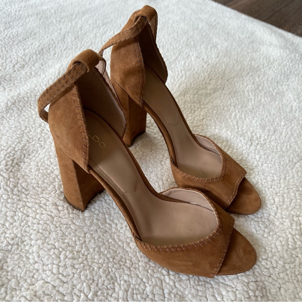 Aldo Elvyne Cognac Brown Leather Suede Open Toe Heels